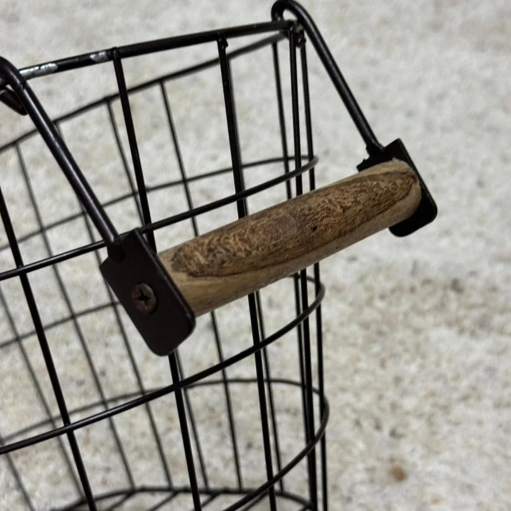 Rustic Oval Metal Wire Basket with Wood Handles Dark Bronze Industrial Storage